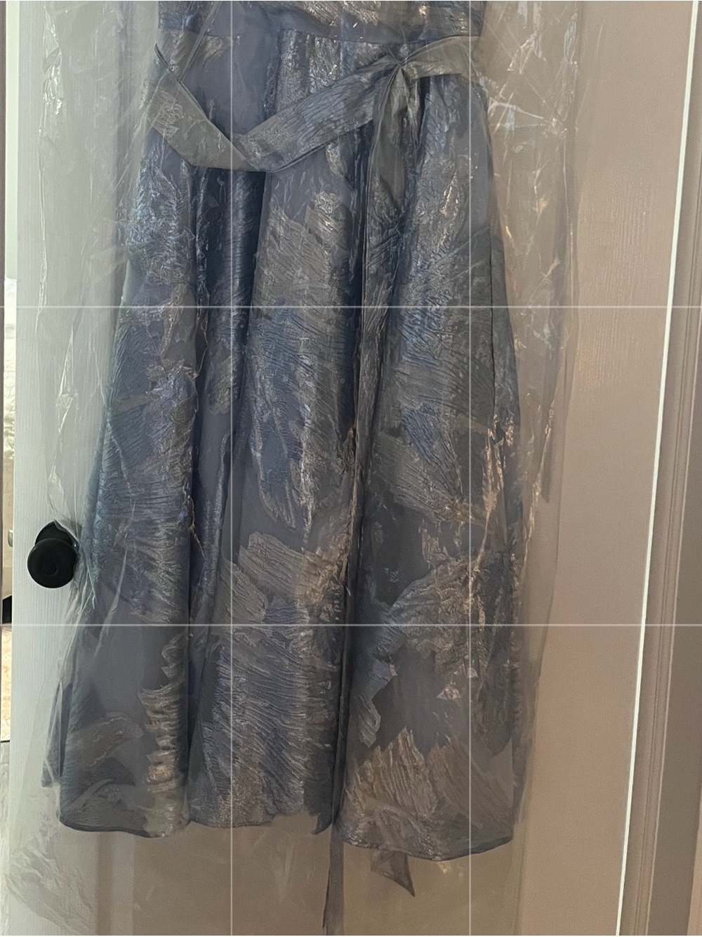 Eliza J Elegant Blue Metallic Brocade Midi Dress and shoes